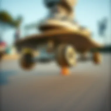 Skateboard Mechanics in Action Close-up of skateboard wheels during the ollie technique.