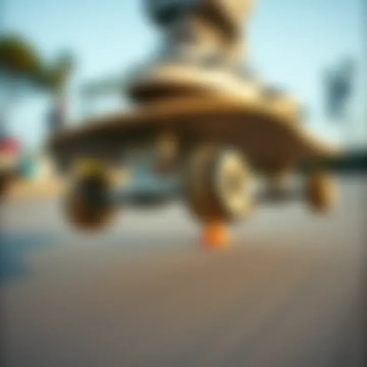 Skateboard Mechanics in Action Close-up of skateboard wheels during the ollie technique.