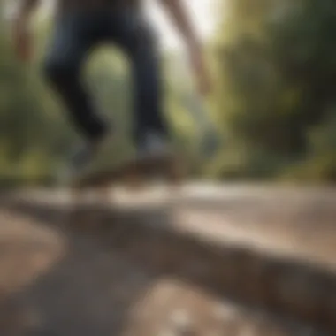 Skateboarder practicing ollie on a diverse terrain