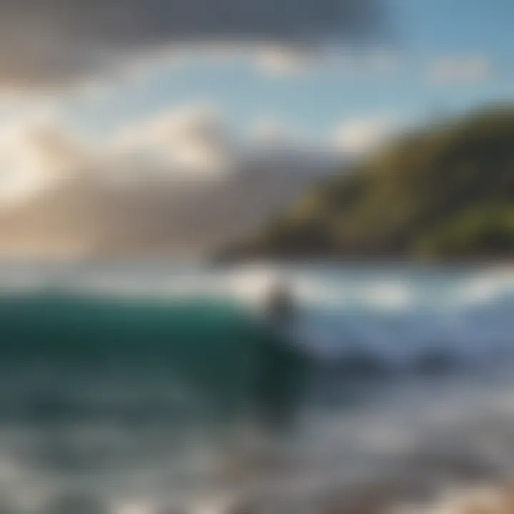 Surfer with panoramic view of Maui coast