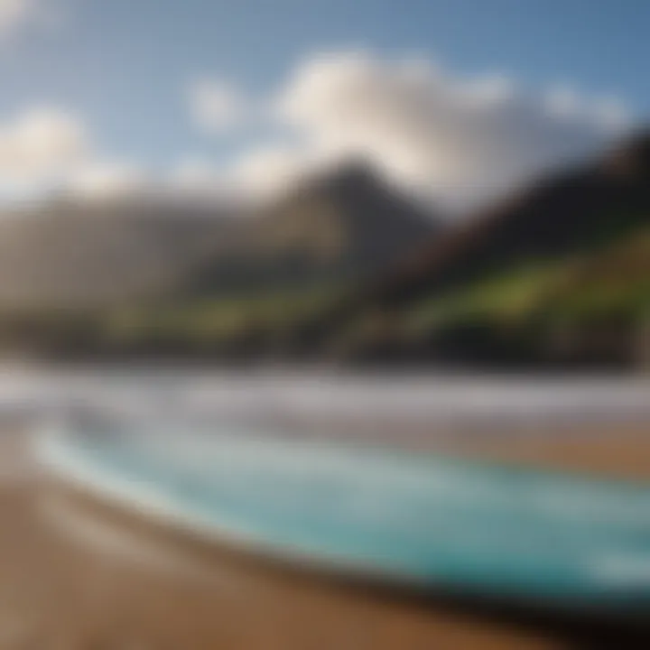 Surfboard against the backdrop of Maui's volcanic peaks