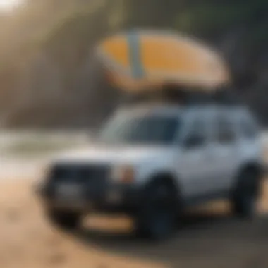 Watersports enthusiast carrying surfboard with roof rack pads installed