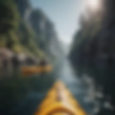 Panoramic shot of a kayaker paddling through serene waters