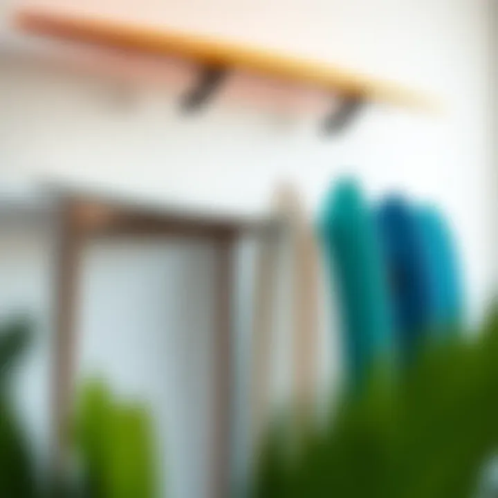 Wall-Mounted MBB Surfboard Rack Stylish MBB surfboard rack mounted on a wall showcasing multiple surfboards