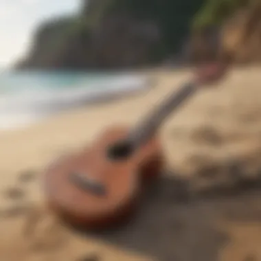 Ukulele resting on a sandy beach with gentle waves in the background