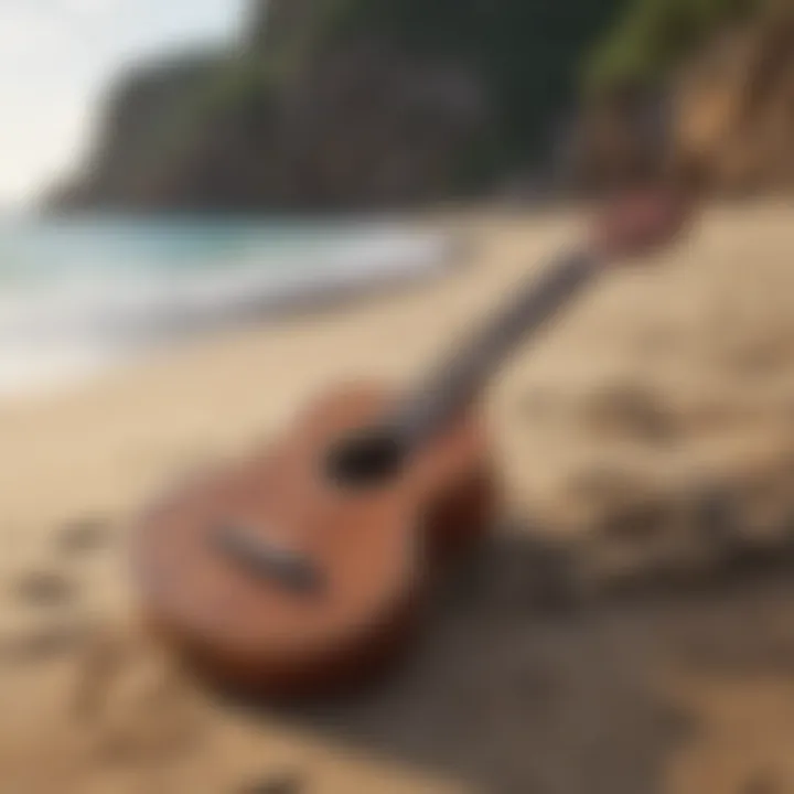 Ukulele resting on a sandy beach with gentle waves in the background