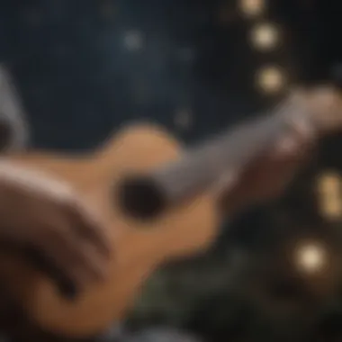 Ukulele strings being strummed under a starry night sky