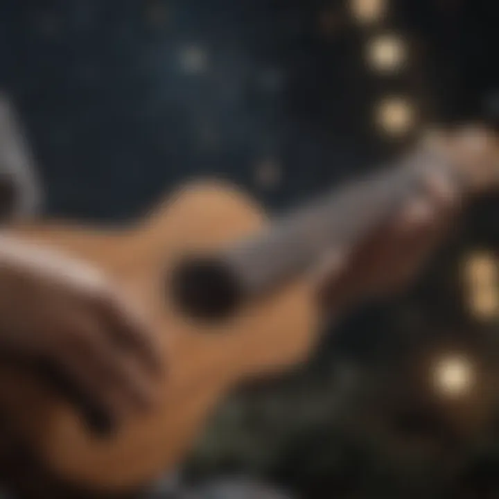 Ukulele strings being strummed under a starry night sky