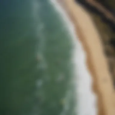 Aerial view of a vibrant Southern California surfing spot filled with surfers