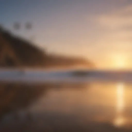 Serene sunset over a California beach with surfers catching waves