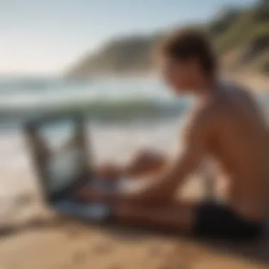 A surfer reading online reviews on a laptop