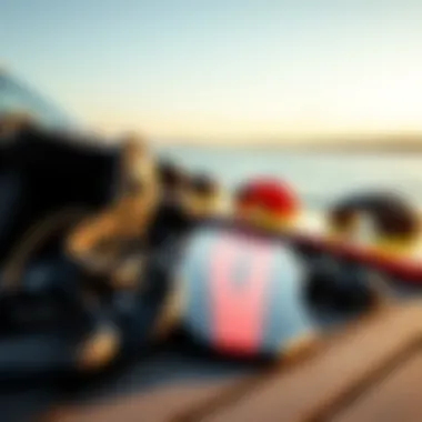 Essential Wakeboarding Safety Gear Essential gear laid out for a safe wakeboarding experience