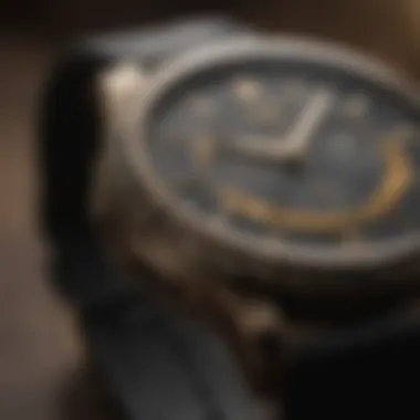 Close-up of intricate details on Nixon black and gold watch