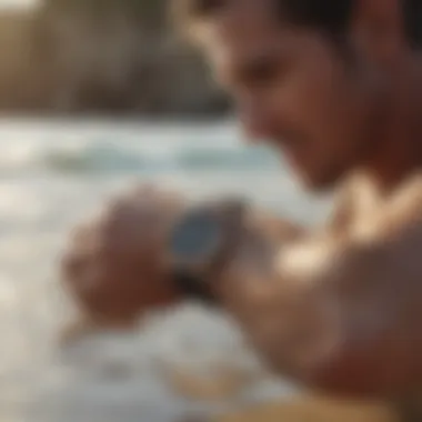 Surfer checking time on Nixon watch at the beach