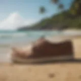 Stylish design of Olukai Mea Ola footwear against a beach backdrop