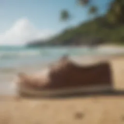 Stylish design of Olukai Mea Ola footwear against a beach backdrop