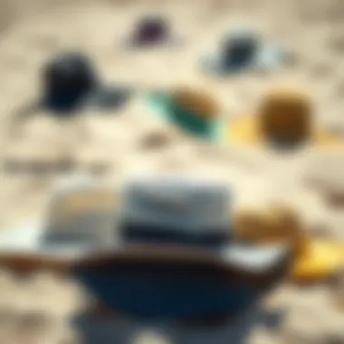 Diverse O'Neill Sun Hat Styles Variety of O'Neill sun hats displayed on a beach setting