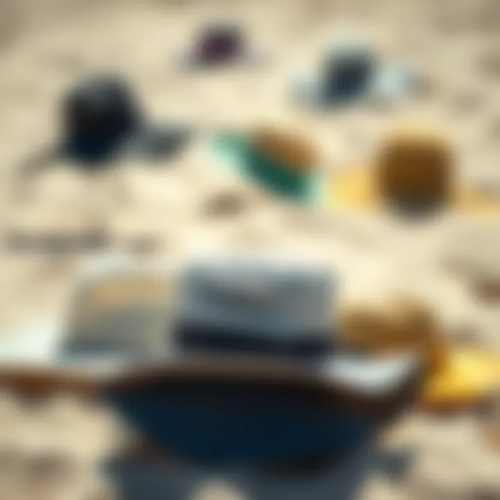 Diverse O'Neill Sun Hat Styles Variety of O'Neill sun hats displayed on a beach setting