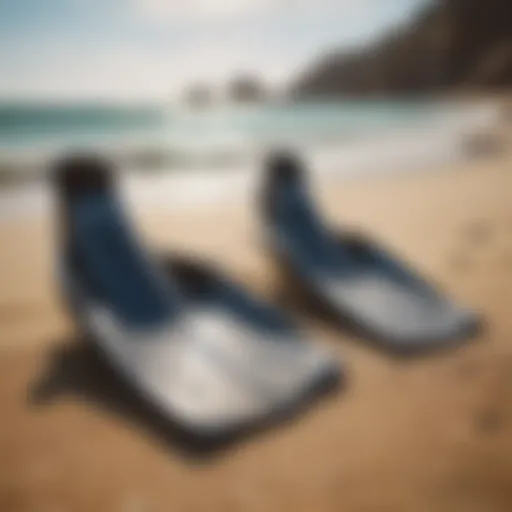 A variety of open water swimming fins displayed on a sandy beach