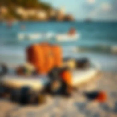 Essential Gear for Paddle Board Mastery Essential gear for paddle boarding displayed on a beach