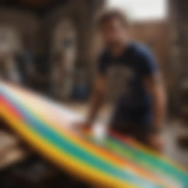 Surfboard artist at work with vibrant colors