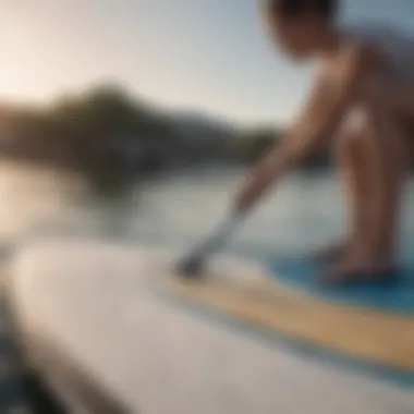 Person applying a patch to an inflatable paddle board with adhesive