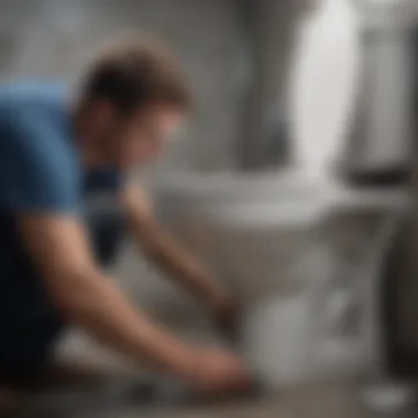 Illustration of a person inspecting a damaged pipe connected to a toilet