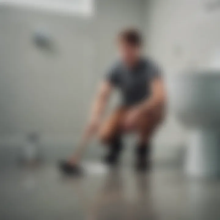 Illustration of a person using a plunger to clear a clogged toilet