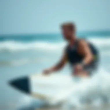 An enthusiast operating an RC surfer at a beach