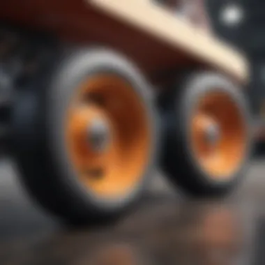 Close-up of skateboard wheels and trucks, highlighting quality and durability