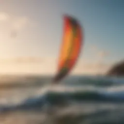 A vibrant REI kite soaring over the ocean waves