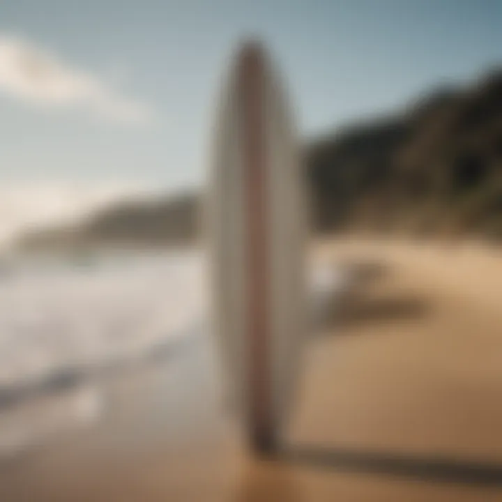 Retro surfboard with weathered paint and beach backdrop