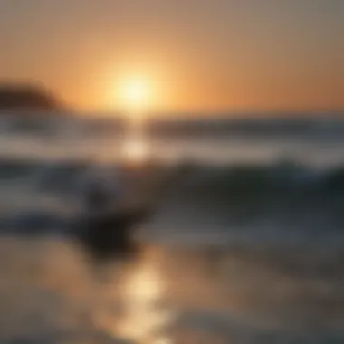 Sunset silhouette of motor-powered surfboard against horizon