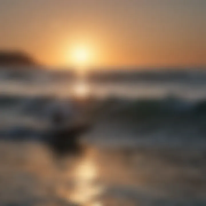 Sunset silhouette of motor-powered surfboard against horizon