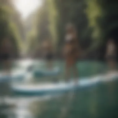 Group of friends paddling together on stand-up paddleboards