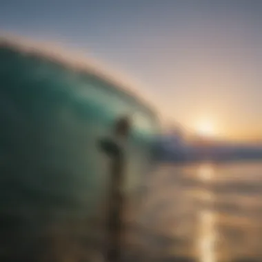 Surfer catching a wave at sunset