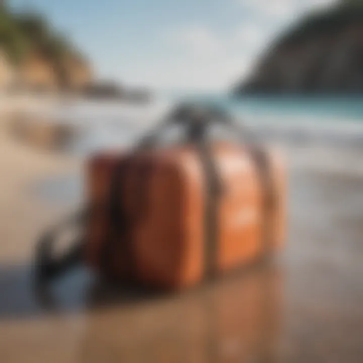 Rip Curl travel bag demonstrated during a beach outing.