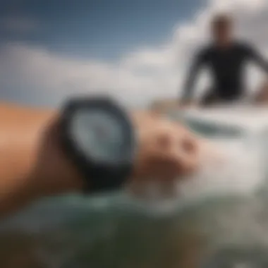 Watersports enthusiast using the RipCurl GPS watch while surfing