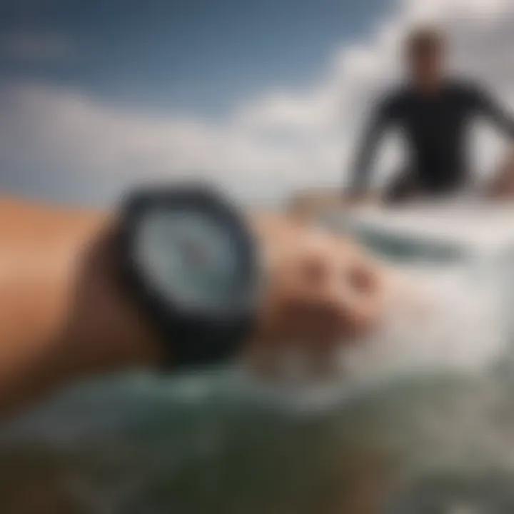 Watersports enthusiast using the RipCurl GPS watch while surfing