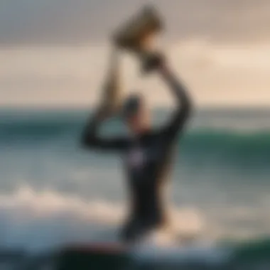 Champion surfer celebrating victory with the iconic Bells Beach backdrop