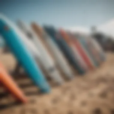 Close-up of surfboards lined up on the beach at Rip Curl Pro Bells