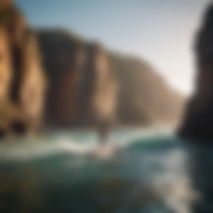 Paddleboarder in action amidst rocky cliffs and turbulent sea