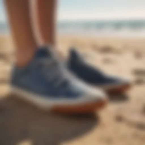 Dynamic view of Roxy surf shoes on a sandy beach