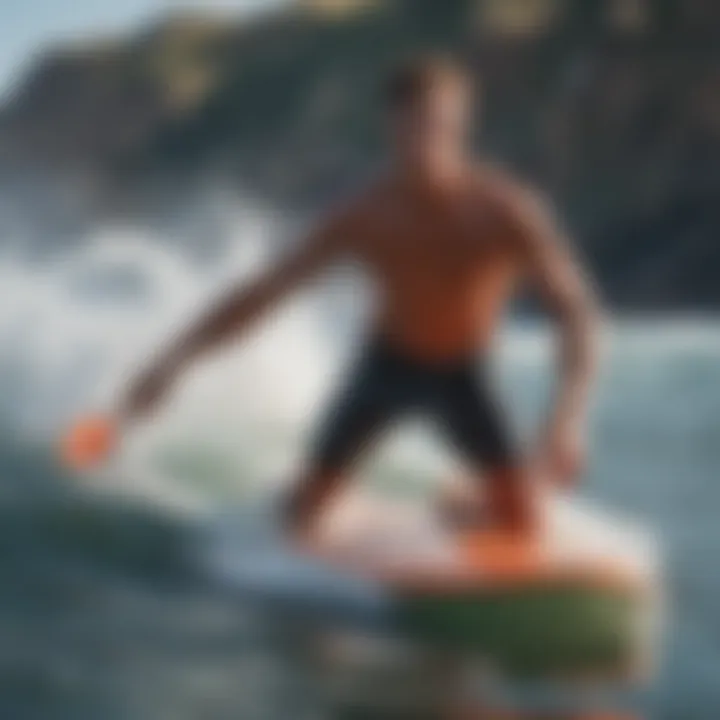 A surfer cautiously paddling out, showcasing determination and a hint of hesitation