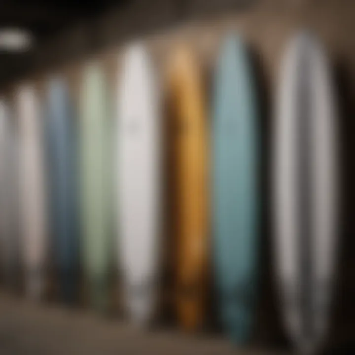 A selection of RVCA surfboards lined up, highlighting variety in shapes and sizes.