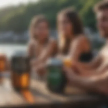 Group of friends enjoying drinks with Sanuk Beer Cozies