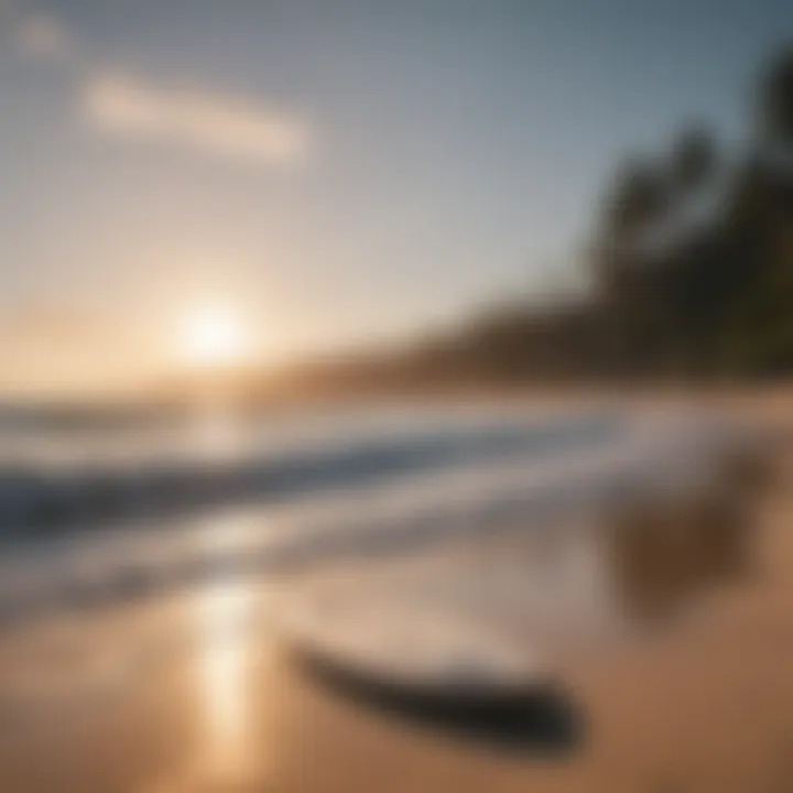 Landscape view of a serene beach with skimboarders in the distance