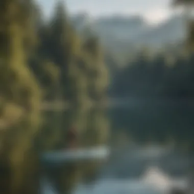 Paddle boarder exploring serene lake with motor assistance