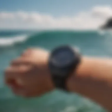 A Shark Surf Watch displaying advanced technology features like tide tracking and stopwatch.