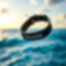 A close-up of a shark wristband displayed against a vibrant ocean background